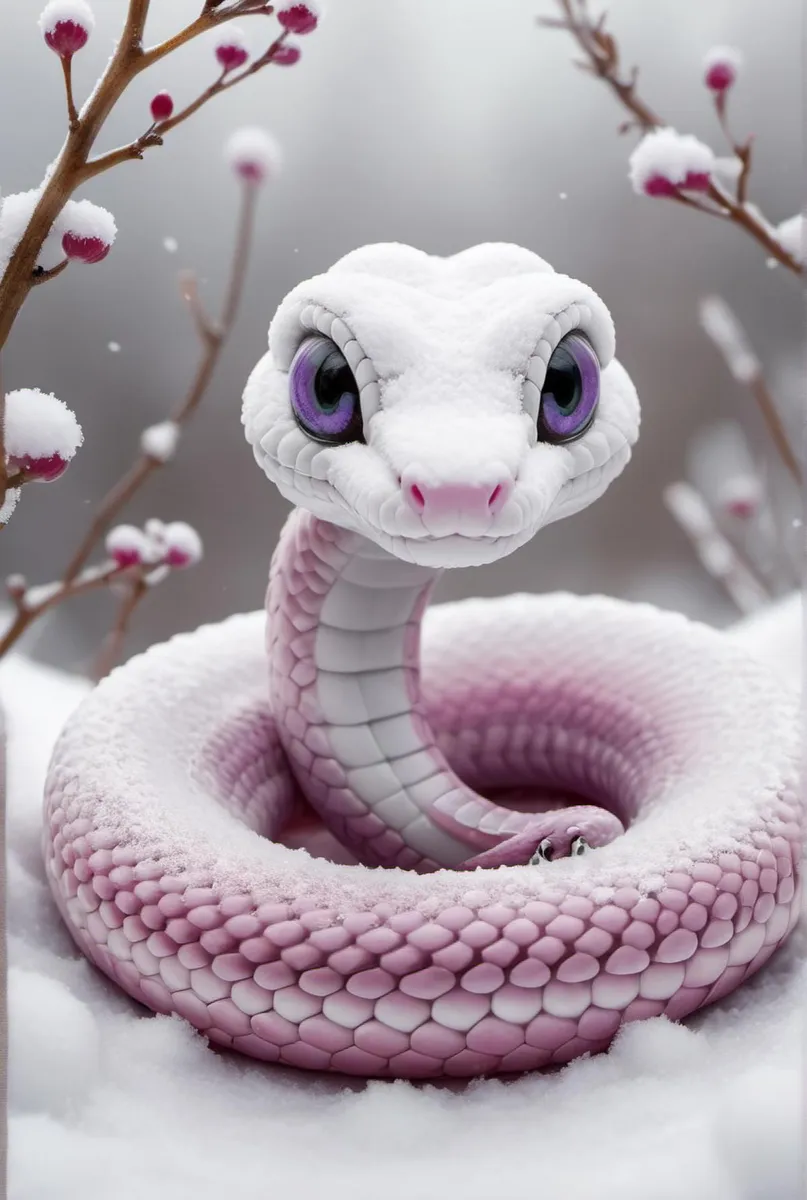 A fantasy snake with large purple eyes covered in snow, generated using Stable Diffusion.