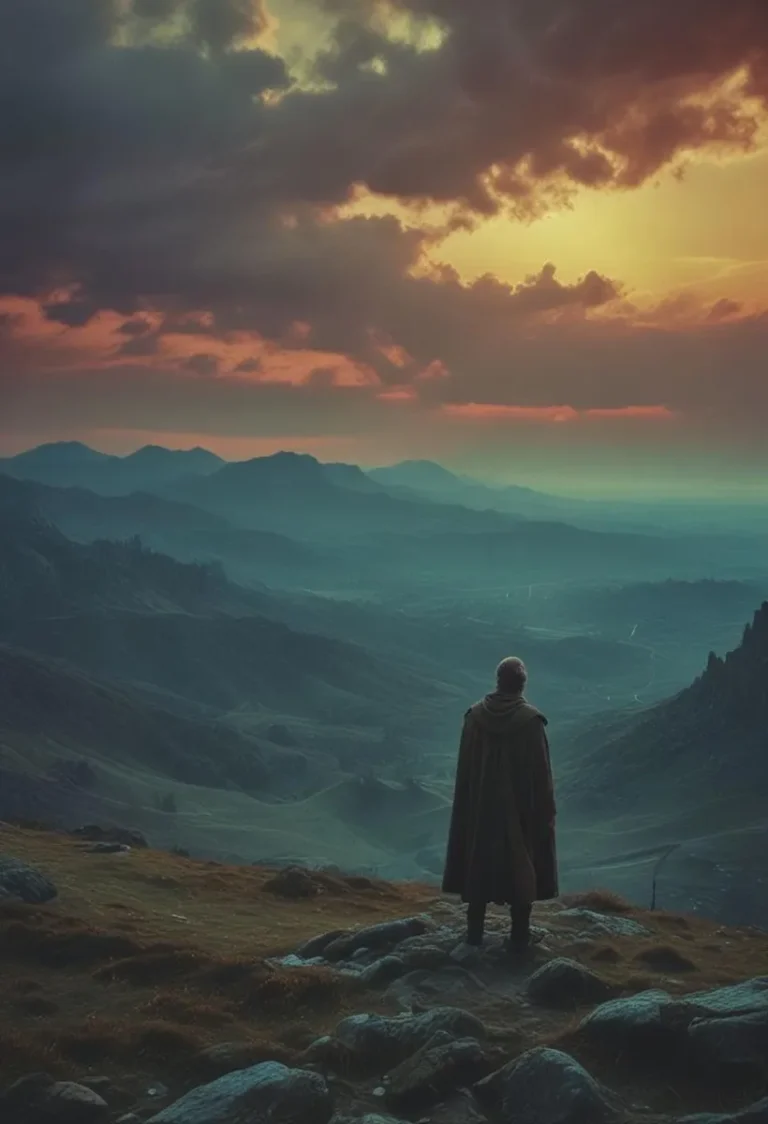 An AI generated image using stable diffusion, showing a solitary figure in a cloak overlooking a mountainous fantasy landscape at sunset with dramatic clouds.