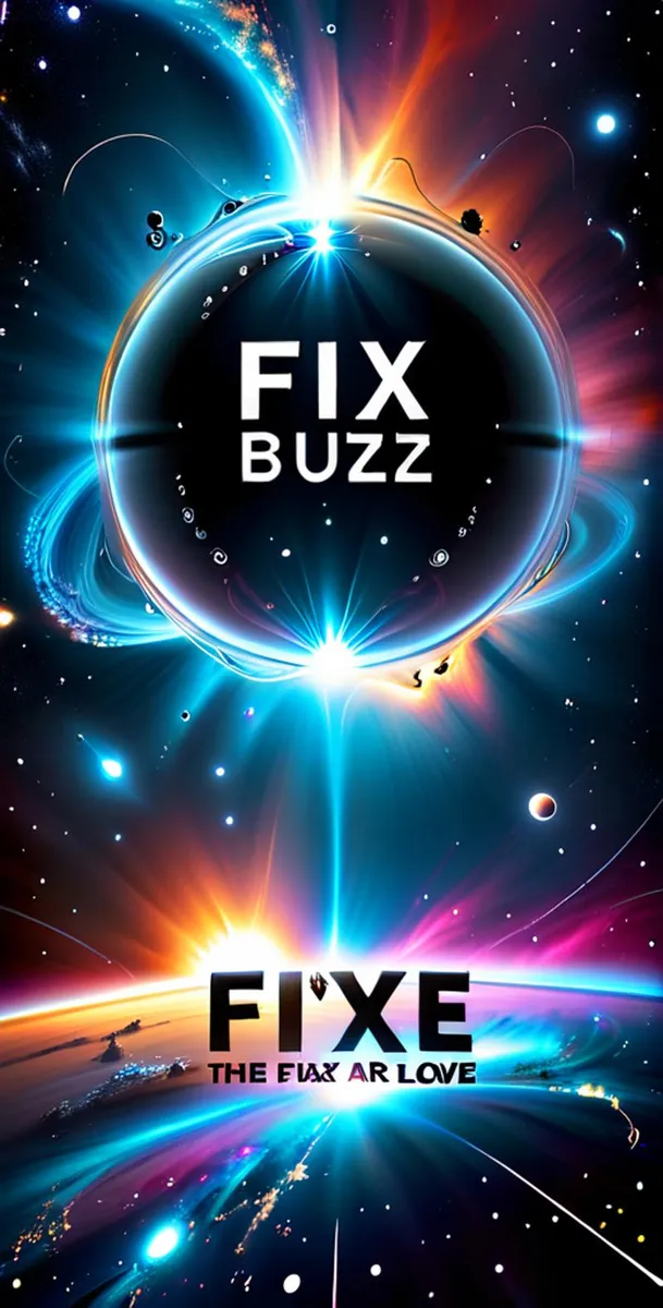 A vibrant space scene with neon colors and text 'FIX BUZZ' and 'FIXE THE FIAX AR LOVE'. AI generated image using Stable Diffusion.