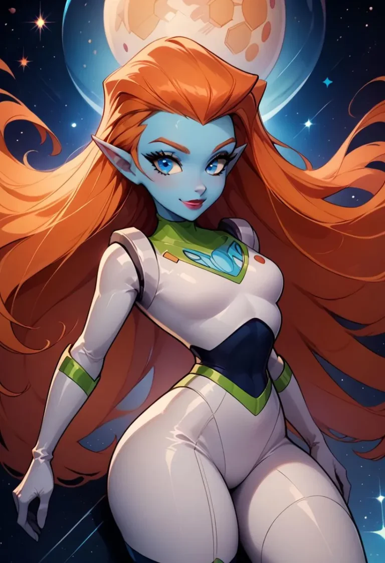 Digital art of a space elf female astronaut with fiery orange hair, blue skin, and pointed ears, set against a cosmic background. This is an AI generated image using Stable Diffusion.