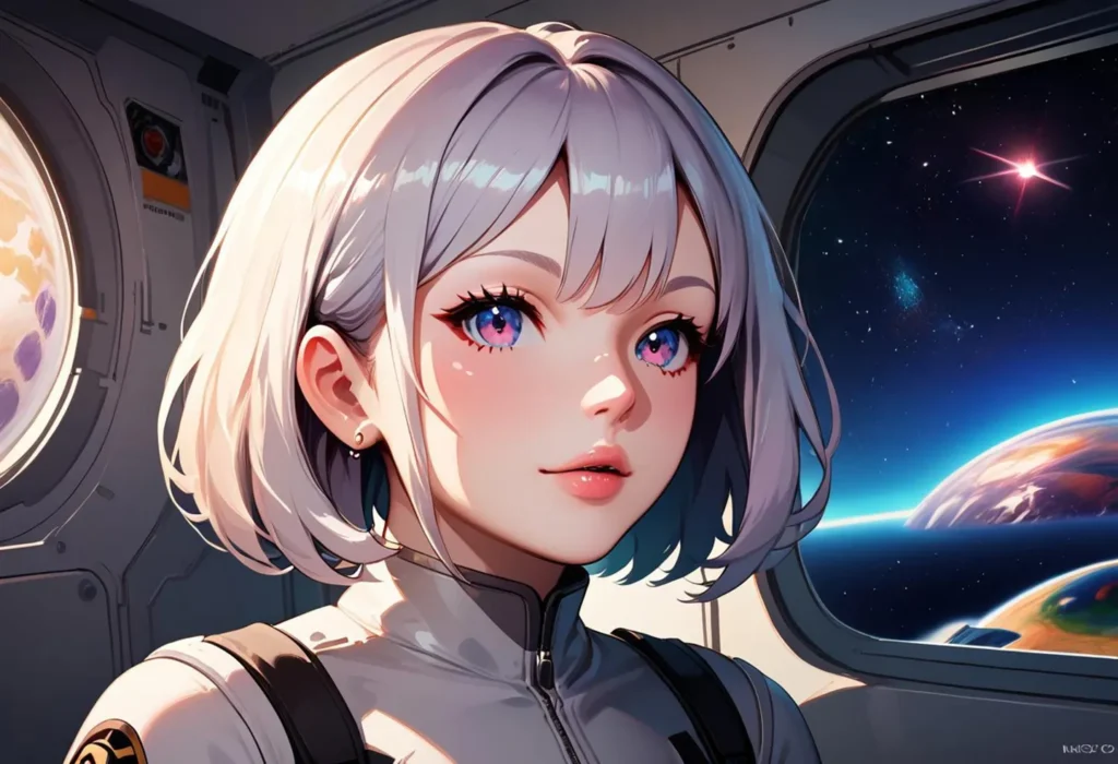 An AI generated anime-style image using stable diffusion of a young girl with short platinum blonde hair and vibrant pink-purple eyes in a spaceship, with a view of space and distant planets outside the window.