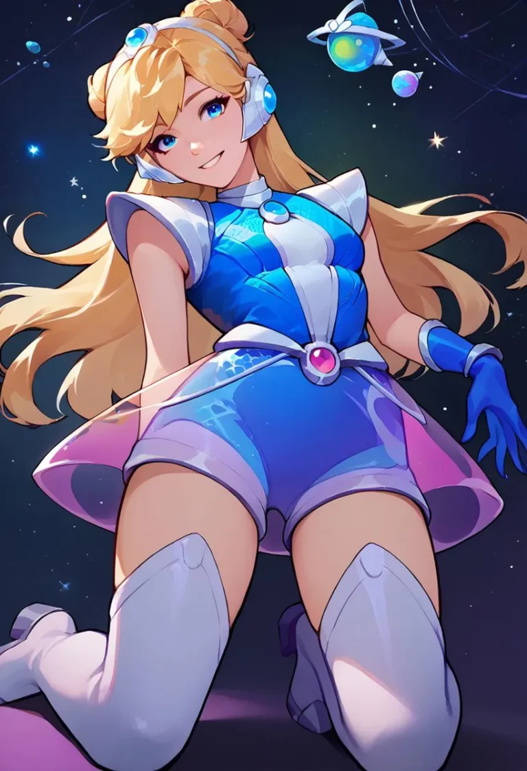 Anime style image of a space girl with blonde hair, wearing a blue and white space-themed outfit. This is an AI-generated image using Stable Diffusion.