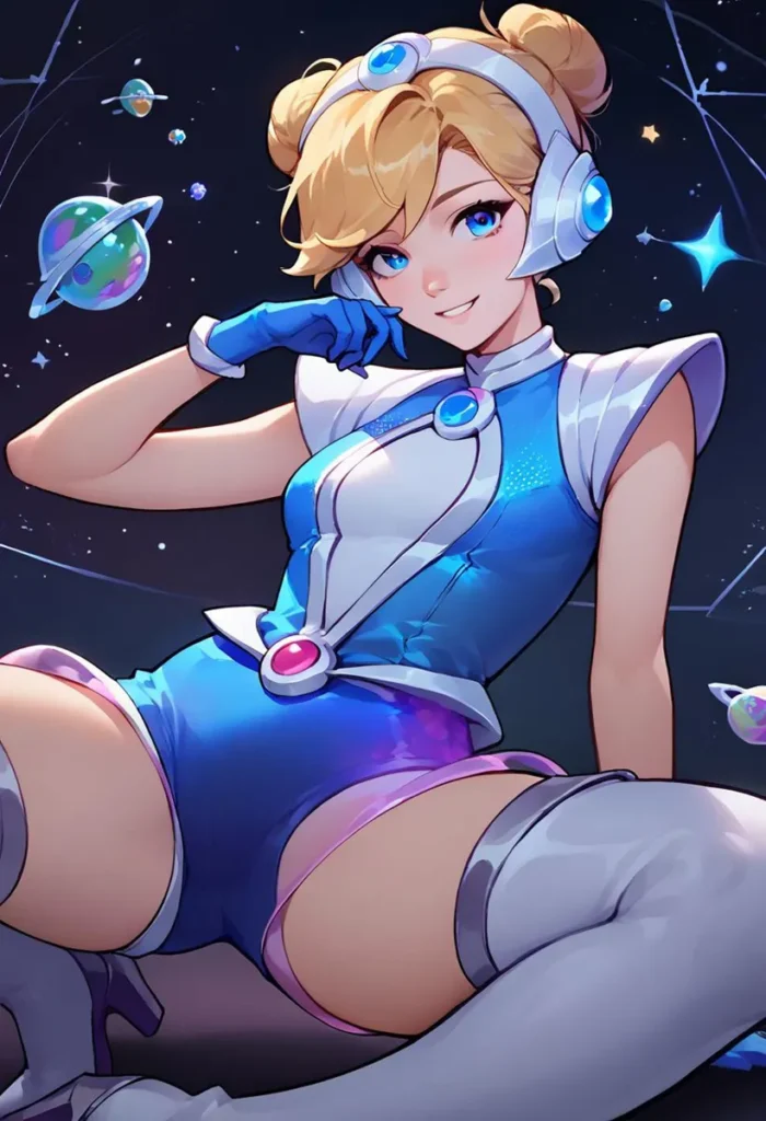 A futuristic space girl anime-style character in a blue and white suit against a starry backdrop. Ai generated using stable diffusion.