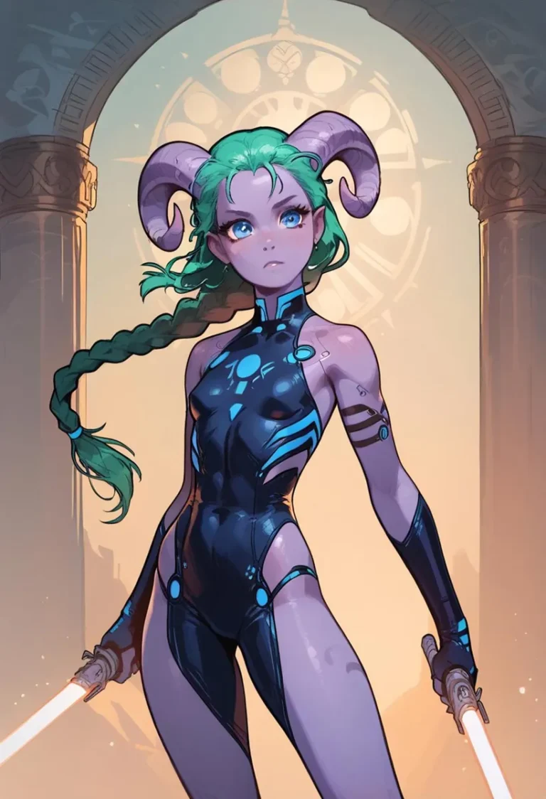 AI generated image using Stable Diffusion showing a space warrior female character with green hair and horns, holding lightsabers.