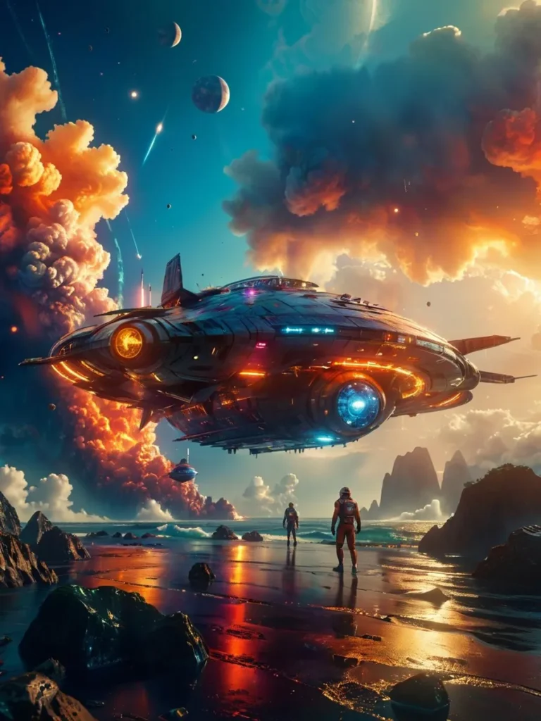 AI generated image of a spaceship landing on a vibrant, otherworldly landscape with colorful clouds and planets in the sky using stable diffusion.