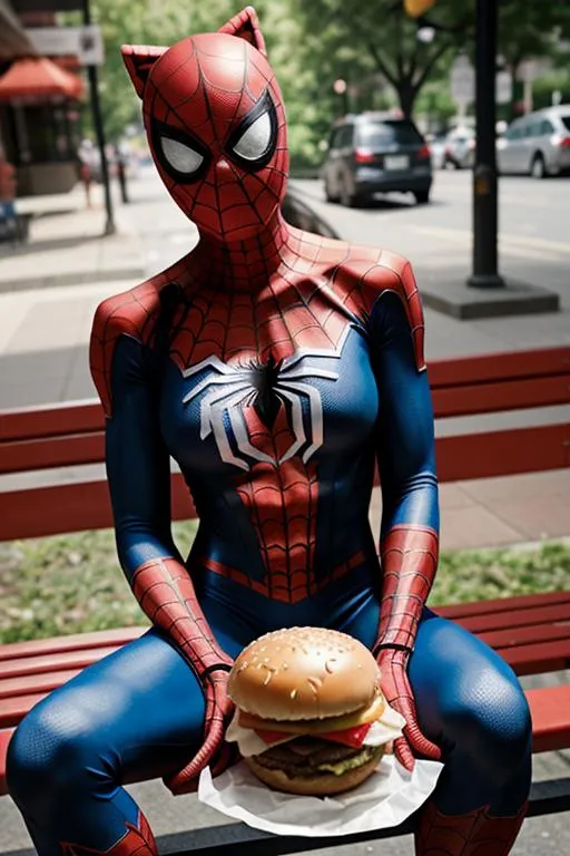 Spider-Man in full costume sitting on a bench and holding a large burger, AI generated image using stable diffusion.