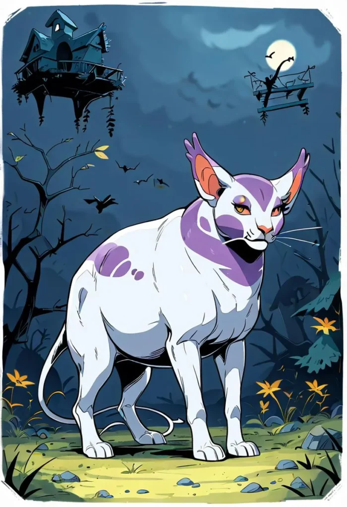Cartoon illustration of a spooky cat with purple markings standing in front of a haunted house at night, generated by AI using Stable Diffusion.