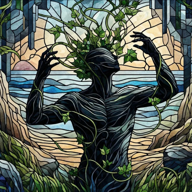 A beautifully designed stained glass art depicting a nature spirit enrobed in vines set against a backdrop of sea and sun, created using Stable Diffusion.