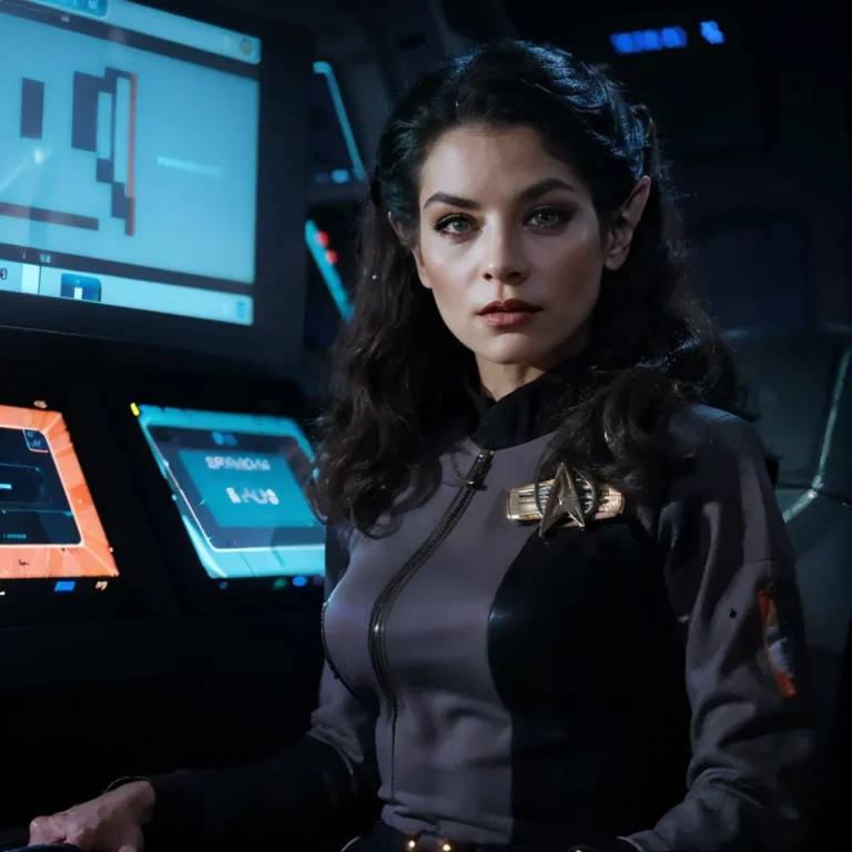 A Star Trek female officer with pointed ears and dark hair, sitting in front of futuristic screens, wearing a grey and black uniform with a badge, ai generated image using flexible diffusion.