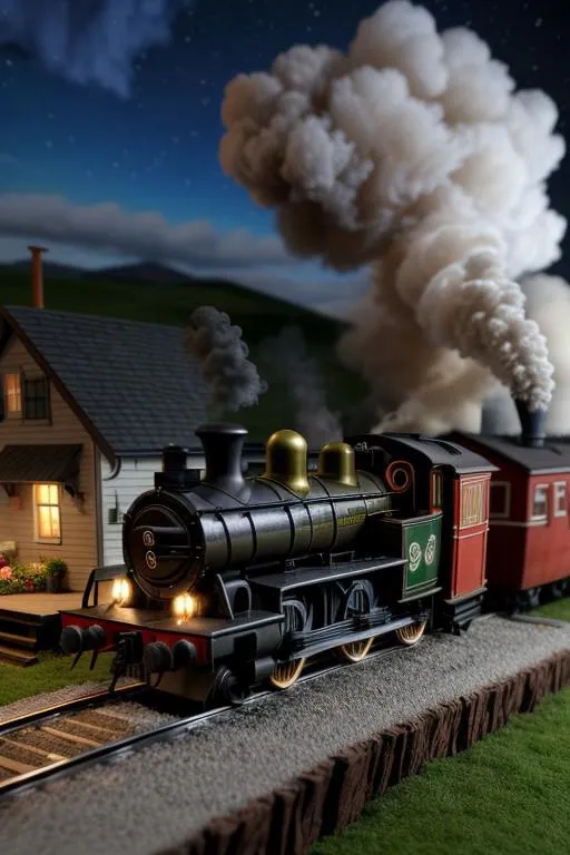 Steam train running on tracks at night with illuminated house nearby. AI generated image using stable diffusion.
