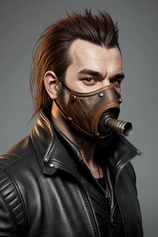 A man with a rugged haircut, wearing a steampunk leather mask and a black leather jacket. AI generated image using stable diffusion.