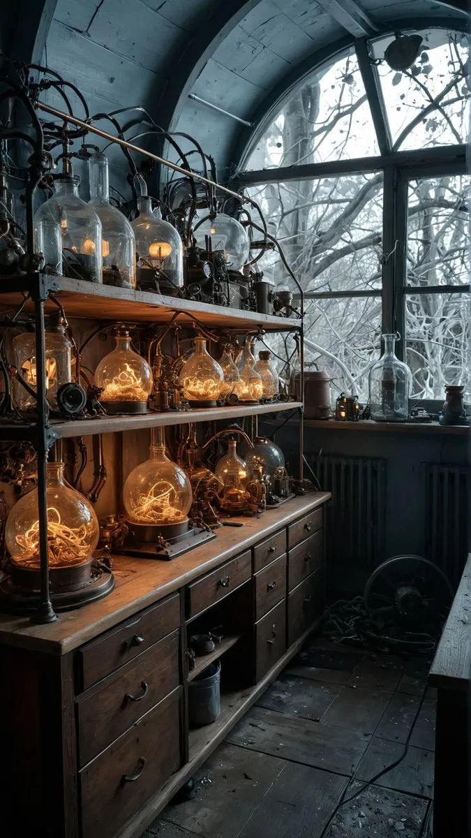 Dimly lit steampunk laboratory with illuminated vintage glass orbs on wooden shelves, generated using Stable Diffusion.