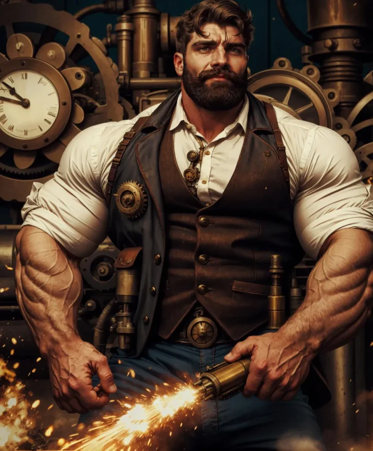 A muscular man in a steampunk industrial setting created using stable diffusion AI technology.
