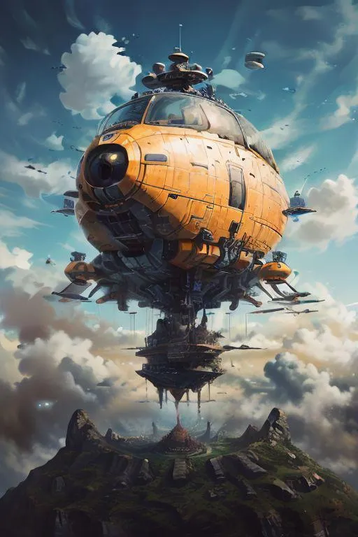 Steampunk airship floating above a green mountainous island, AI generated image using Stable Diffusion.
