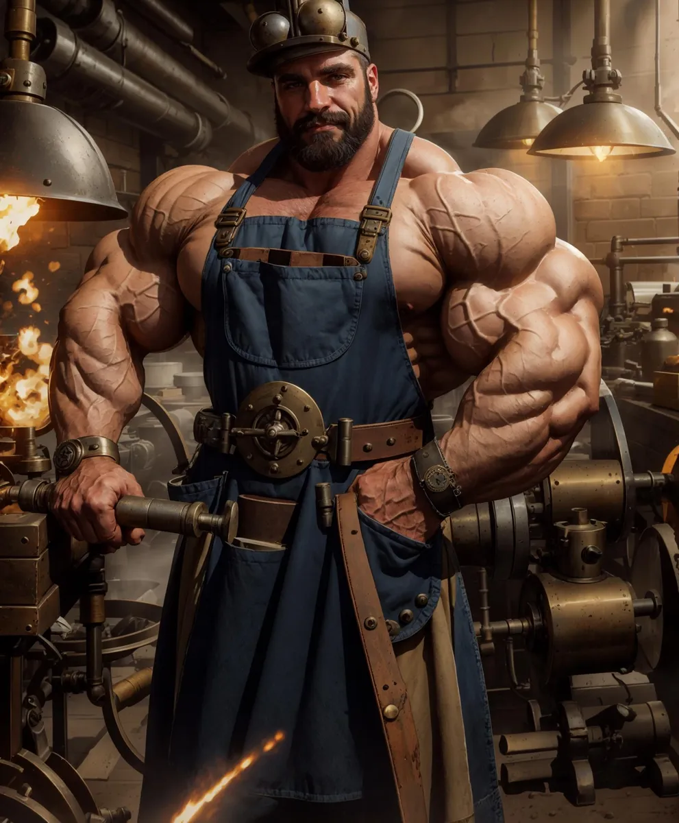 Muscular man dressed as a blacksmith in a steampunk-style workshop, created with AI using Stable Diffusion.