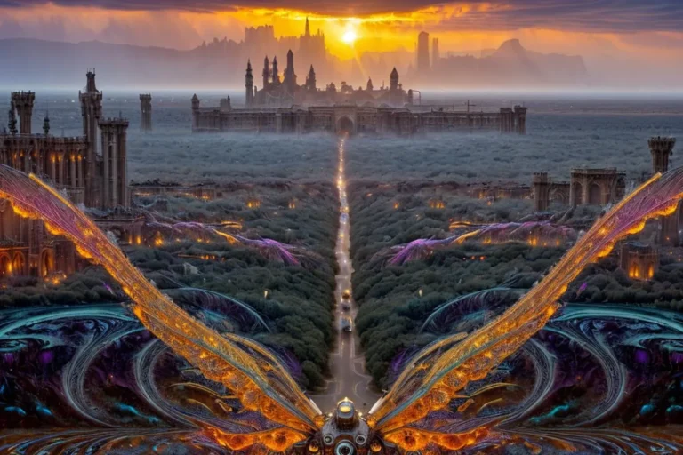 An AI generated image of a fantastical steampunk cityscape at sunset, created using stable diffusion.