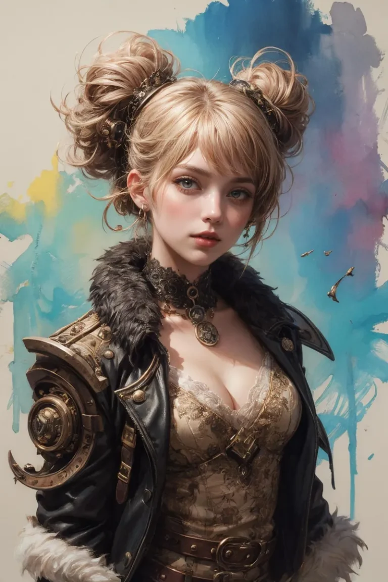 A steampunk image generated by AI using Stable Diffusion showing a young girl with blonde hair styled in twin buns, wearing a detailed steampunk outfit with a black leather jacket, fur collar, and intricate clockwork shoulder armor. Colorful abstract background