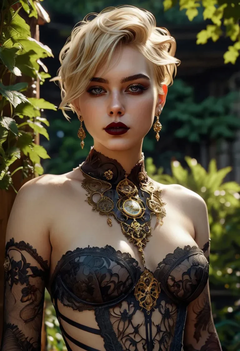 AI generated image using stable diffusion of a woman with short blonde hair in steampunk and gothic fashion, wearing ornate jewelry and a black lace top.