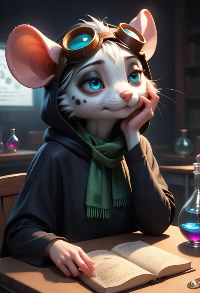Anthropomorphic mouse character with large blue eyes and steampunk goggles, wearing a green scarf and black hoodie, sitting at a table reading a book. AI generated image using Stable Diffusion.