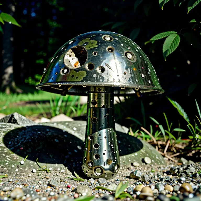 A steampunk-style metallic mushroom sculpture in a garden, created using AI Stable Diffusion.