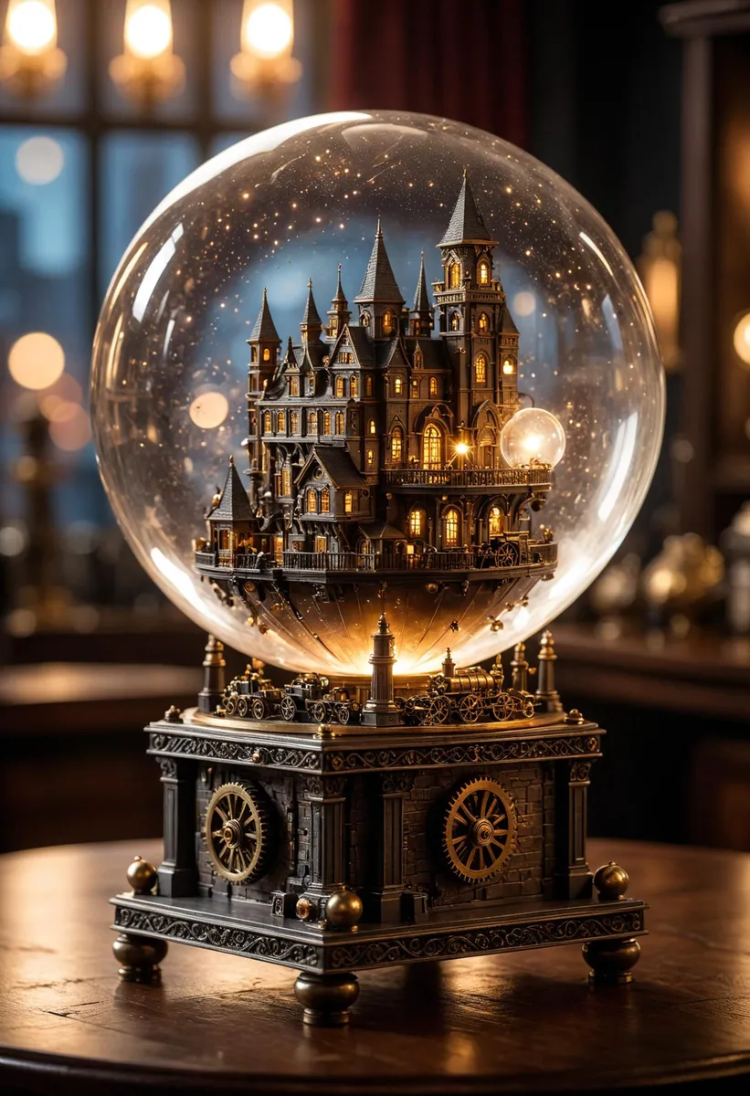 A steampunk-themed snow globe featuring an intricate castle sculpture inside, generated by AI using Stable Diffusion.