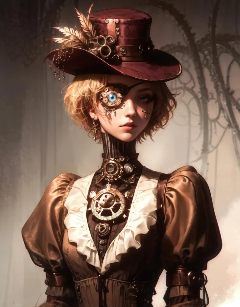 A steampunk woman with a mechanical eye and intricate Victorian fashion, AI generated image using stable diffusion.