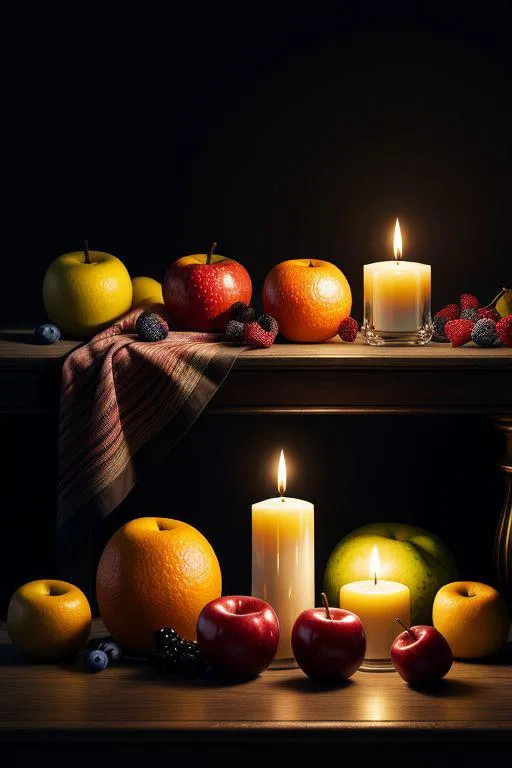 A detailed still life with various fruits and lit candles, AI generated using Stable Diffusion.