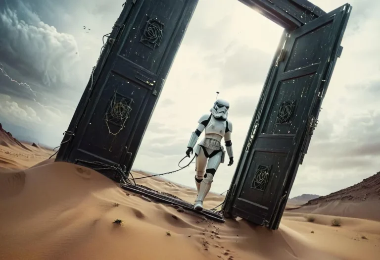 A stormtrooper walking through a large, black portal in a desert landscape. This is an AI generated image using Stable Diffusion.