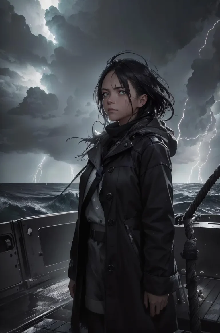AI generated image using Stable Diffusion of a young woman standing on a boat deck with a stormy sea and lightning in the background. The atmosphere is dark and intense.