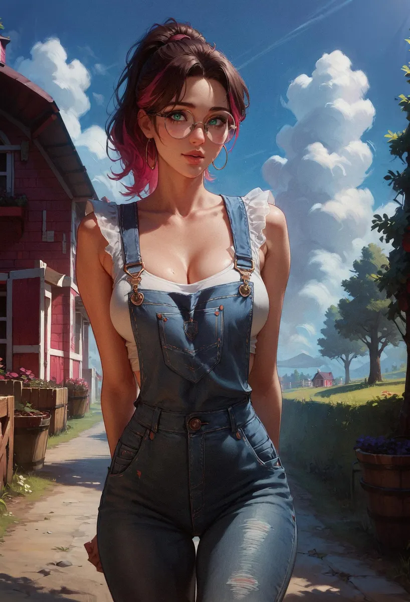 A stylized anime farm girl with pink highlights in her hair, wearing denim overalls and glasses, set against a sunny rural background. AI-generated using Stable Diffusion.