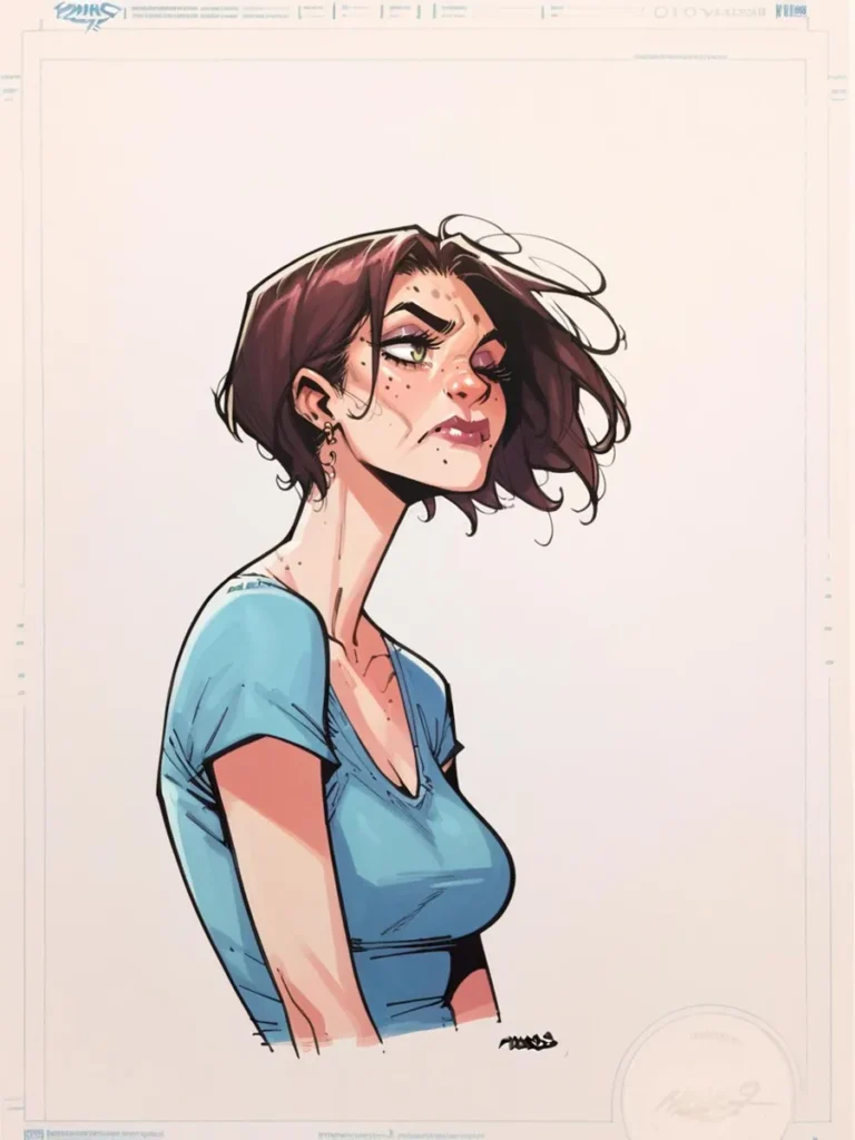 Stylized portrait of a woman in comic art style with short brown hair, wearing a blue V-neck shirt, created by AI using Stable Diffusion.