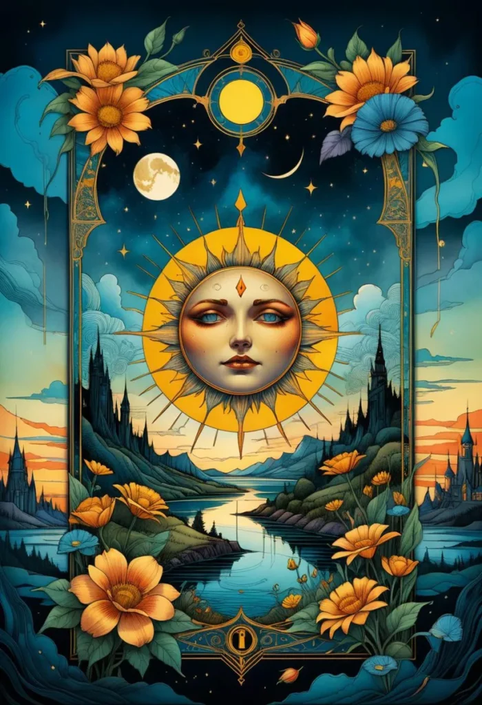 Sun goddess with a serene face, surrounded by a mystical landscape of flowers and celestial bodies. This is an AI generated image using stable diffusion.