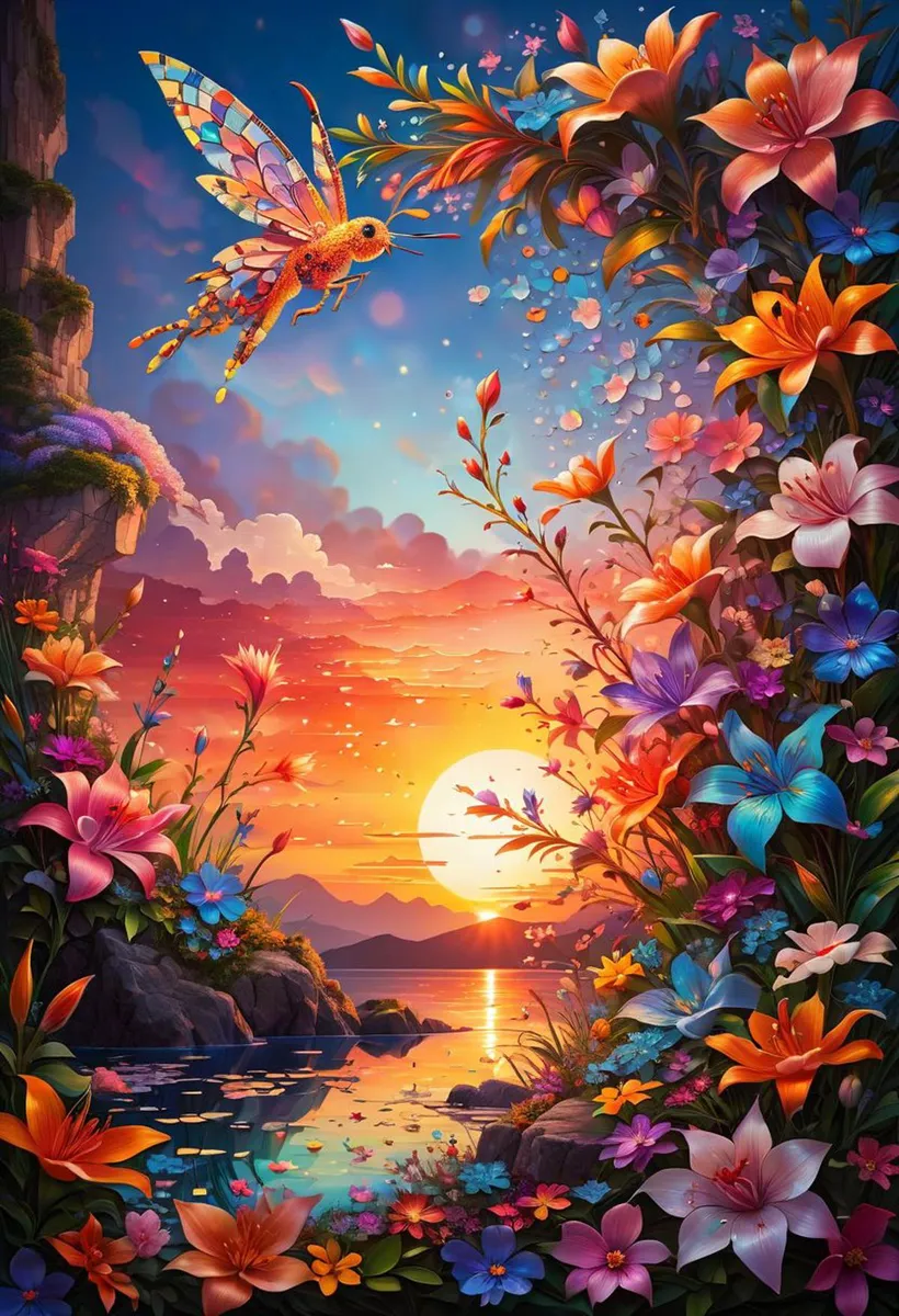 A vibrant AI generated image using Stable Diffusion, depicting a sunset landscape with colorful flowers and a giant, mosaic-patterned insect.