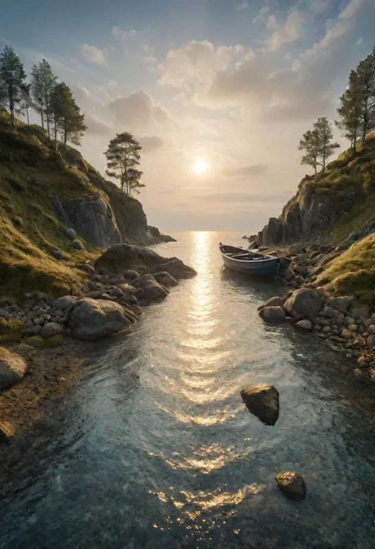 A tranquil sunset over a narrow seascape with a small boat, illustrating the serene atmosphere with high cliffs on either side, created using Stable Diffusion.