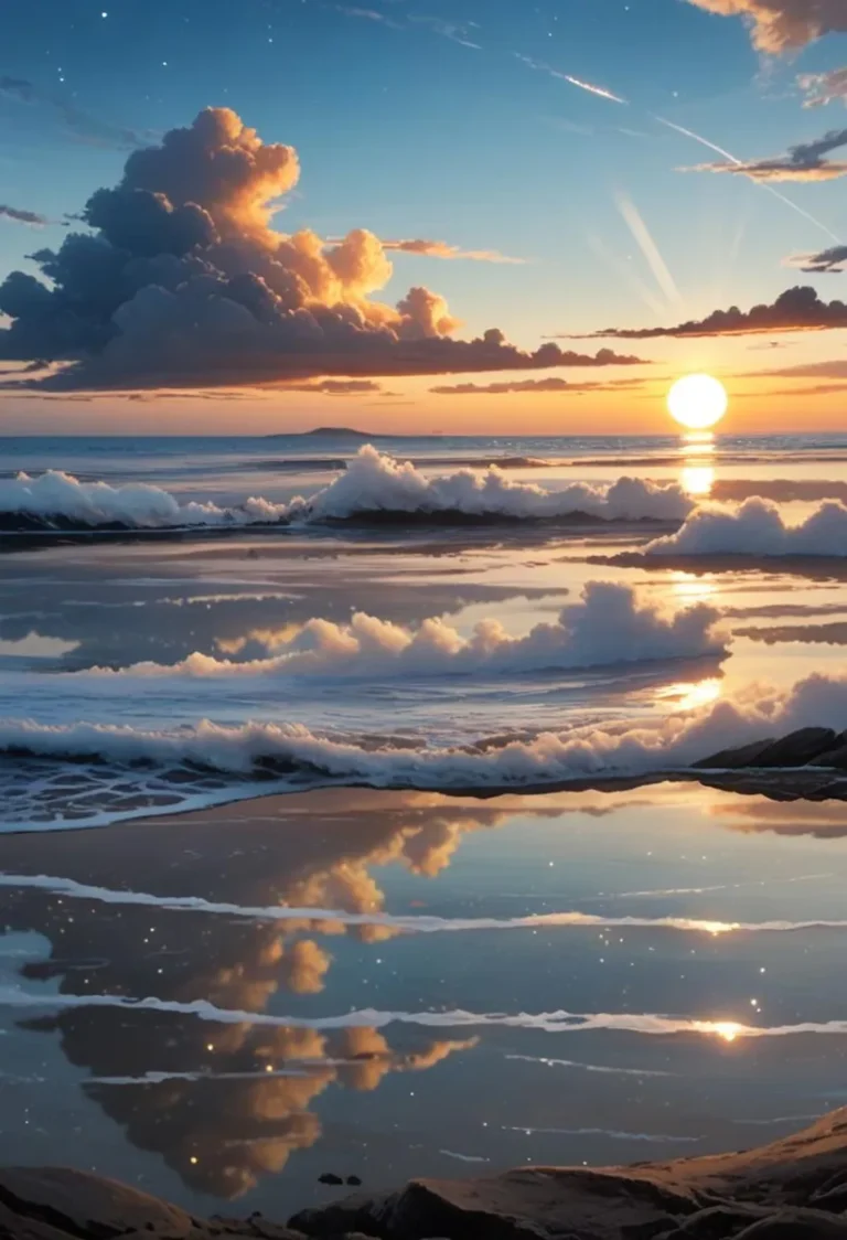 A sunset beach scene with ocean waves crashing onto the shore, reflecting vibrant clouds in the wet sand. Emphasize that this is an AI generated image using Stable Diffusion.