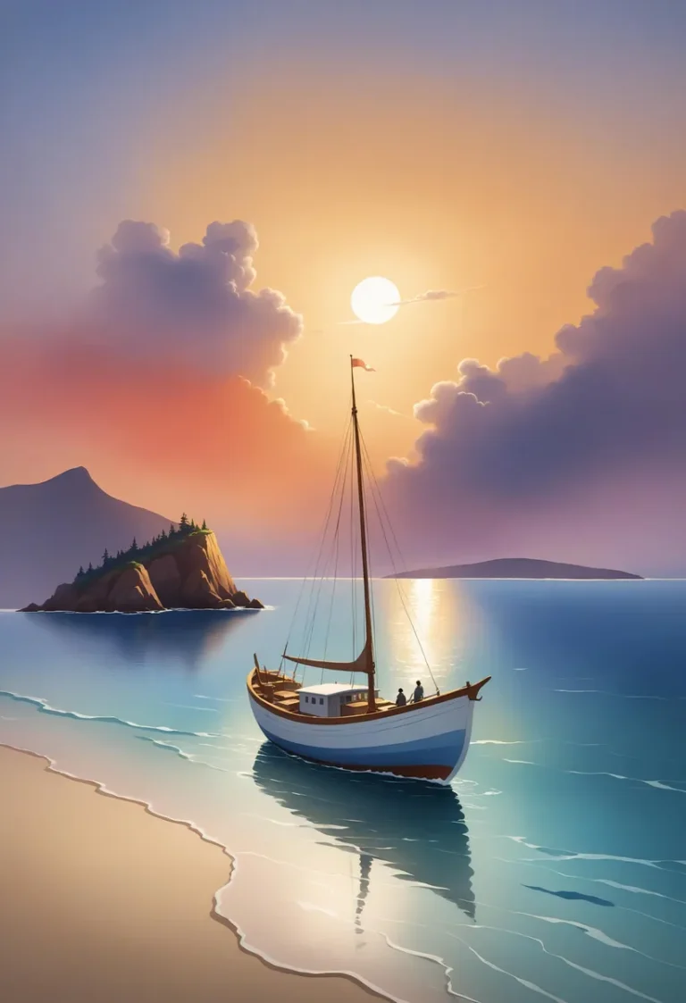 AI generated image using stable diffusion of a serene beach scene at sunset with a sailing boat on calm waters, an island in the background, and a glowing sun in the sky.