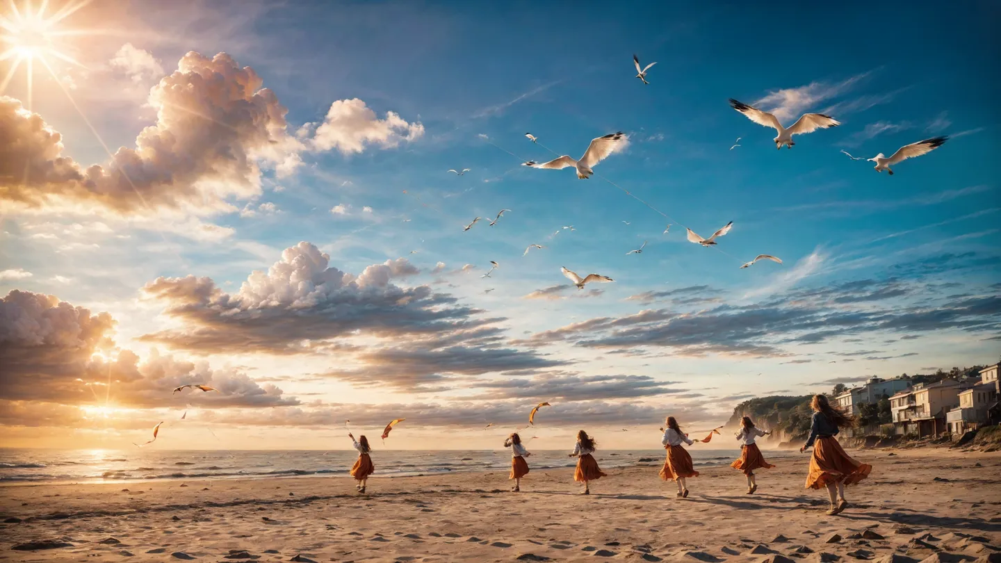 Children running on the beach at sunset while flying kites. AI generated image using Stable Diffusion.
