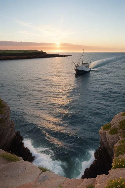 Boat sailing towards the ocean horizon during sunset with rocky cliffs in the foreground. AI generated image using Stable Diffusion.
