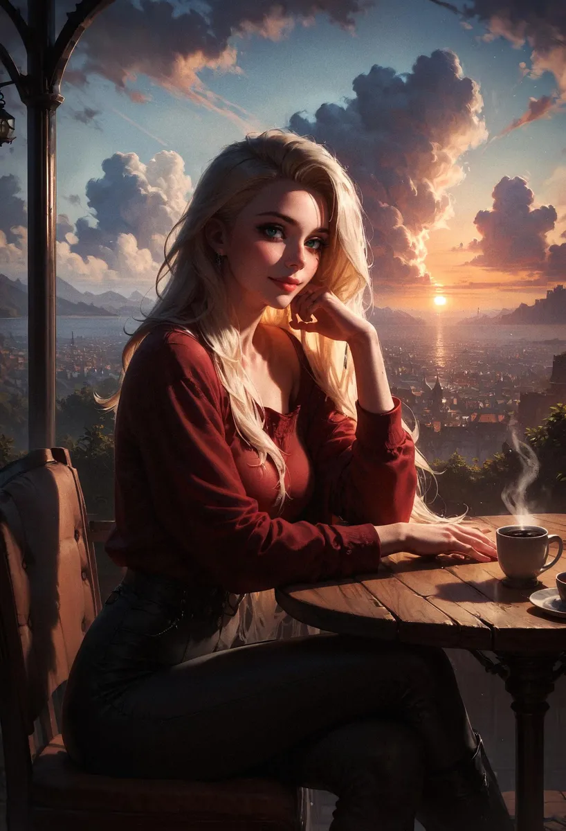 AI generated image using Stable Diffusion showing a blonde woman sitting at a cafe table with a cup of coffee, against a scenic sunset backdrop.