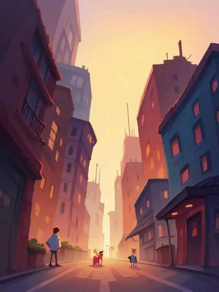 An AI generated image depicts a cartoon street scene at sunset with a soft orange sky. Tall buildings flank the street, creating a narrow path. The scene features a lone figure on the left and a person with dogs on the right.