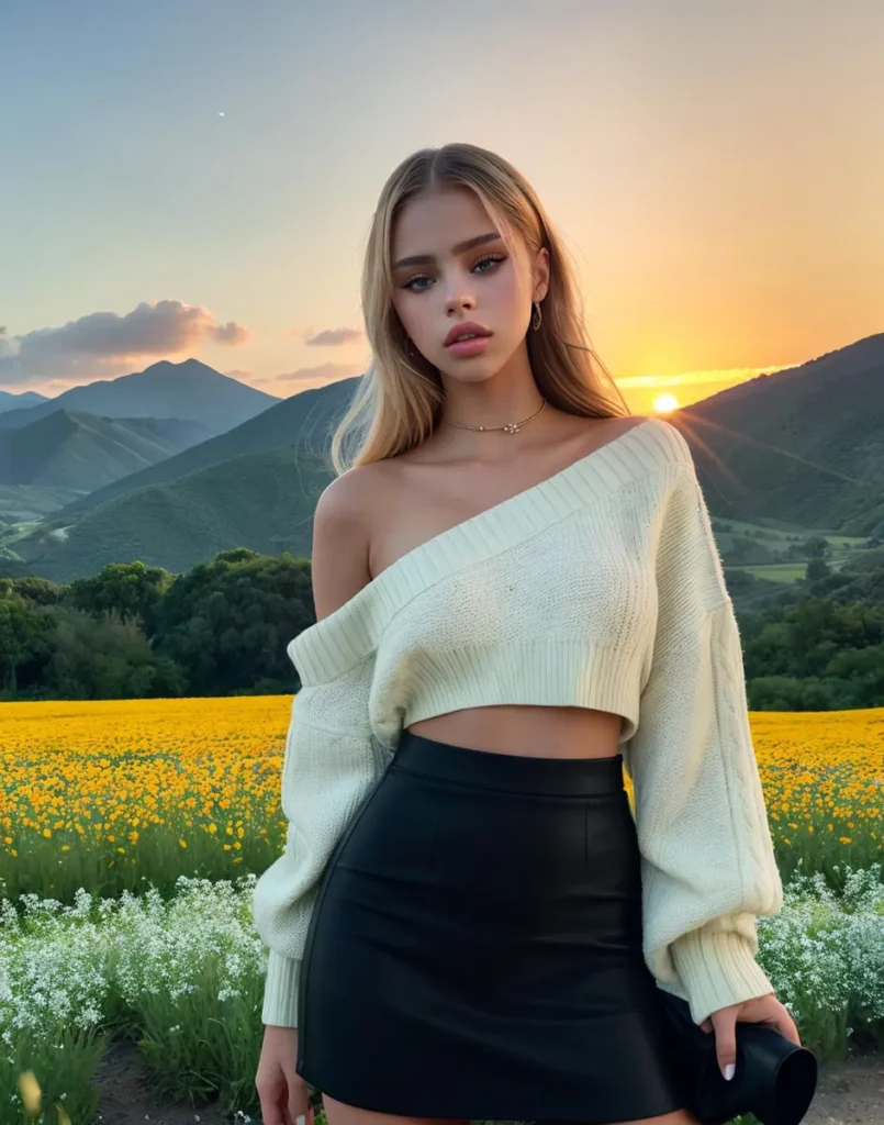 An ai generated image using stable diffusion featuring a young woman posing outdoors against a backdrop of a sunset landscape with mountains and fields of flowers. She is wearing a white off-shoulder sweater and a black skirt.