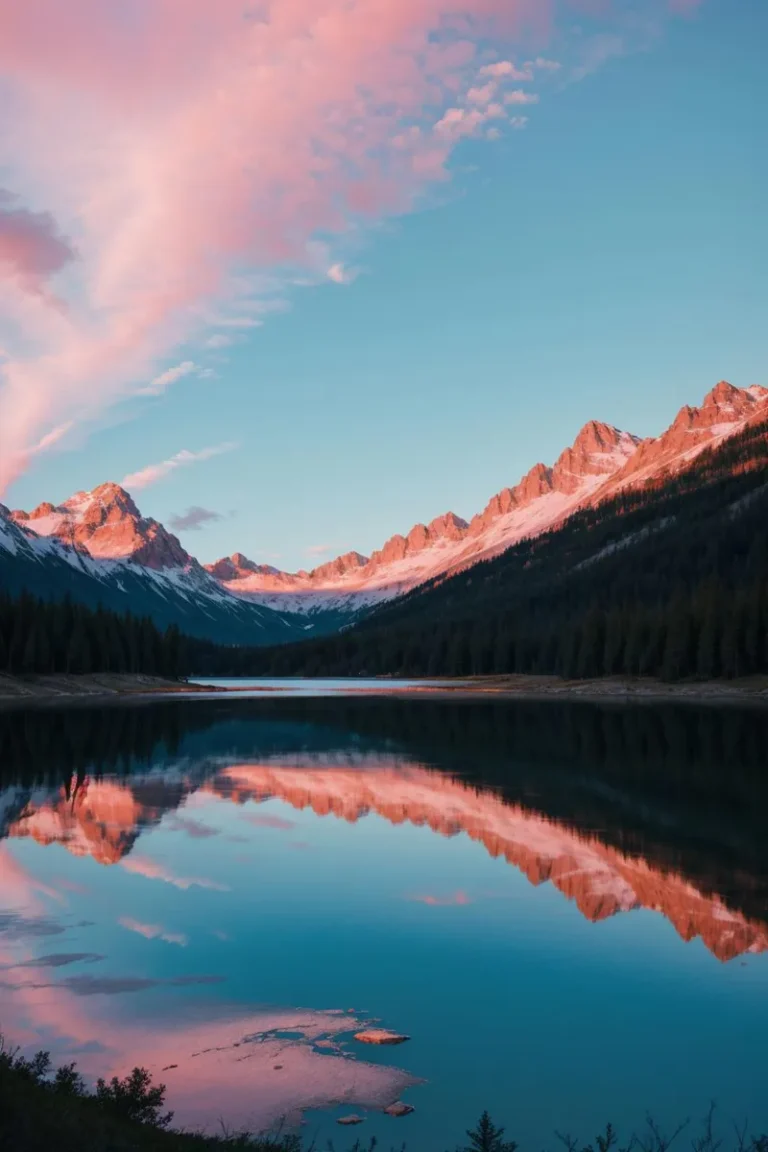 A scenic view of a mountain range at sunset with vibrant colors, reflected in the still waters of a lake. This is an AI generated image using stable diffusion.