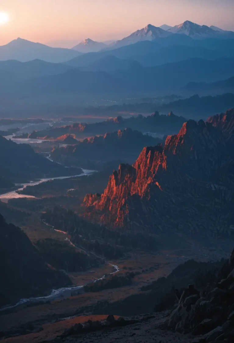 A serene valley with mountains illuminated by a sunset, showcasing an exquisite blend of soft pastel hues and intricate details generated by AI using Stable Diffusion.