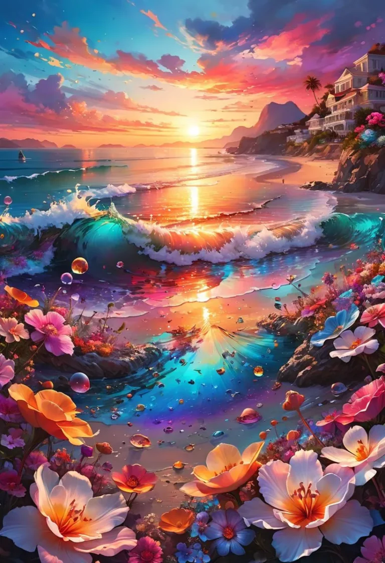 AI generated image created using stable diffusion, depicting a colorful sunset beach scene with vibrant ocean waves, and a foreground filled with blooming flowers.