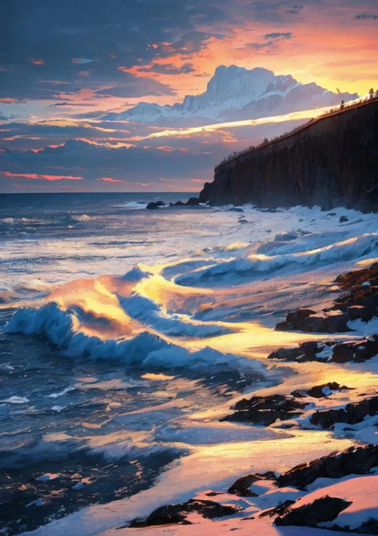 A coastal scene with ocean waves crashing against the rocky shore, illuminated by the golden hues of a stunning sunset, AI generated using Stable Diffusion.
