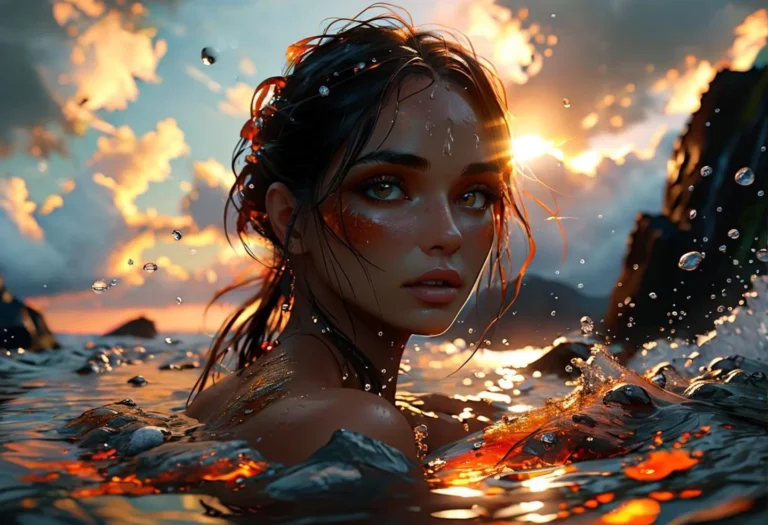 AI-generated image of a woman with wet hair and glowing makeup in the ocean at sunset, featuring stunning reflections and water droplets using Stable Diffusion.