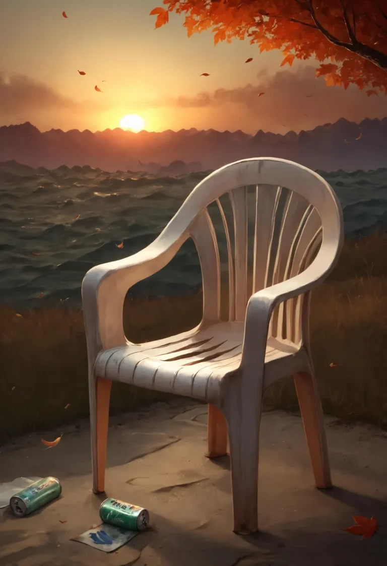 AI generated image using Stable Diffusion depicting a white plastic chair with two soda cans beneath it facing a sunset over undulating water with an autumnal tree with orange leaves overhead.