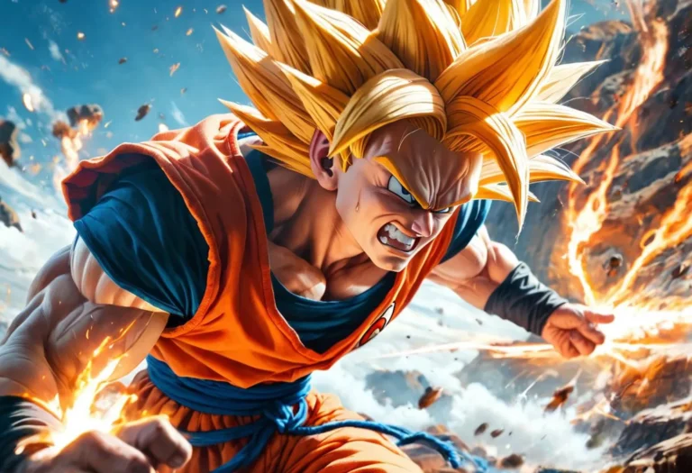 AI generated image of a Super Saiyan character in an action pose, glowing golden hair, and wearing an orange and blue outfit, using Stable Diffusion.