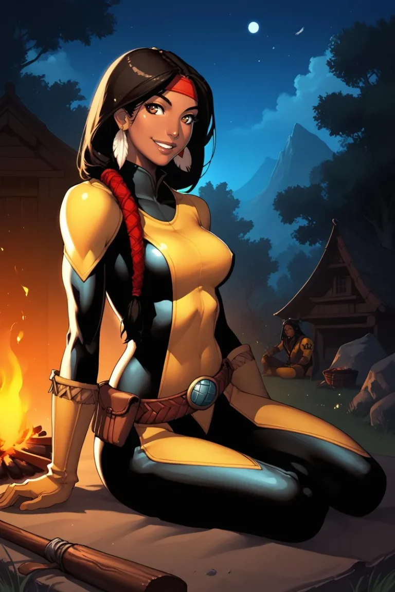 A female superhero sitting by a campfire in a comic style, AI generated using Stable Diffusion.