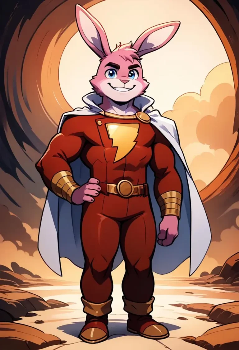 An AI generated image using stable diffusion depicting a cartoon rabbit superhero with a red costume and white cape, standing confidently.